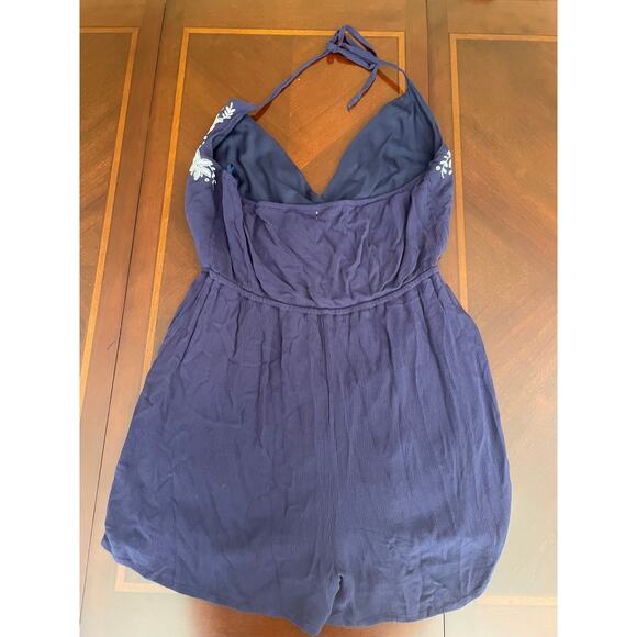 Love, Fire Romper Womens Large Floral Embroidered Stretch Navy Blue Pockets - Picture 3 of 10